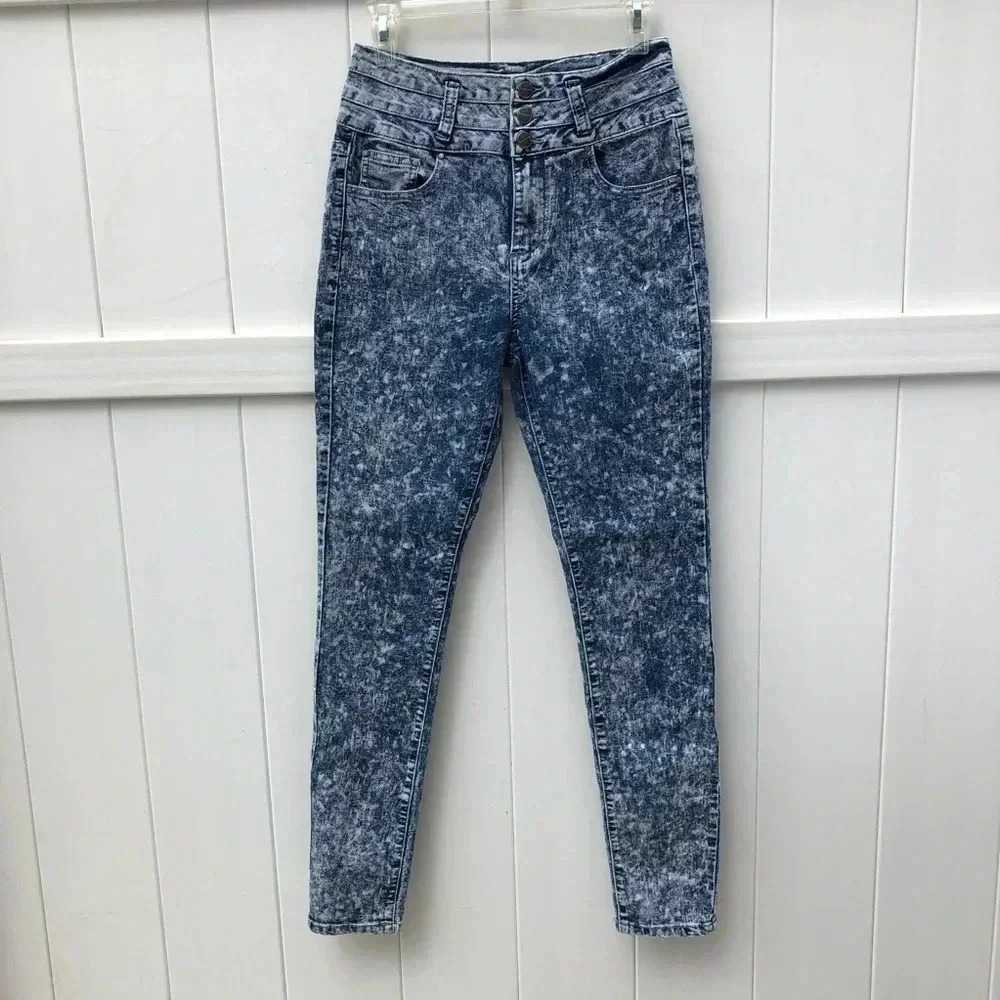Iris Jeans Skinny Jeans Women Size 7 Blue Acid Wash High Rise Triple Button